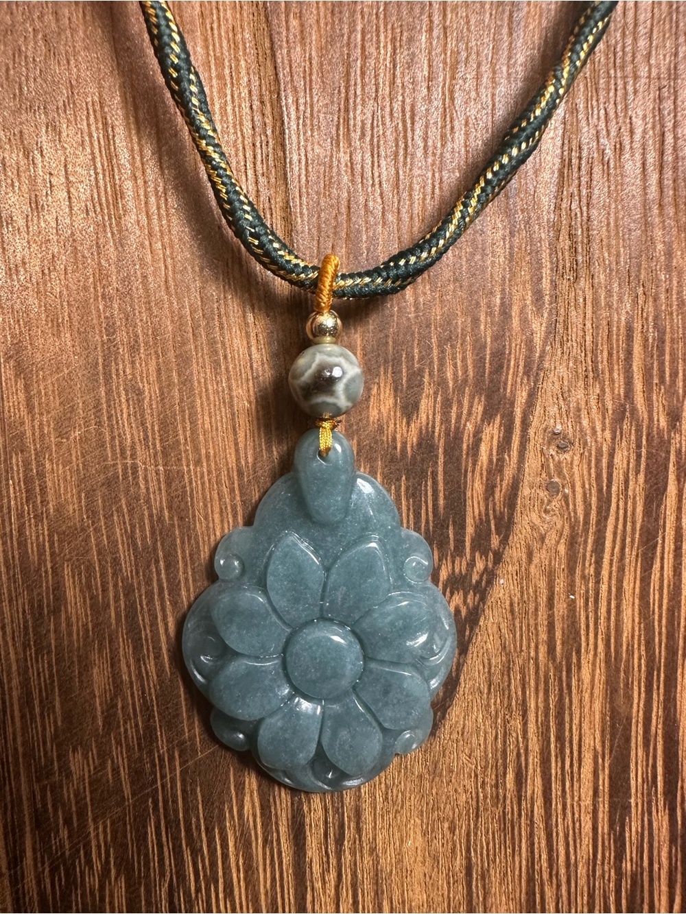 Green Jade Flower Pendant Necklace with Ocean Jasper on Green and Gold Rope - Picture 8 of 11